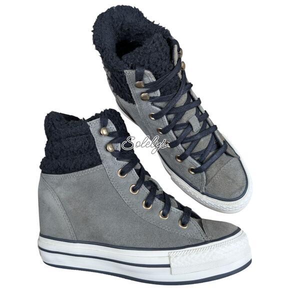 Converse 2014 Platform Plus Sherpa Hidden Wedge Grey Suede Sneaker Boot 7.5 - Picture 11 of 11